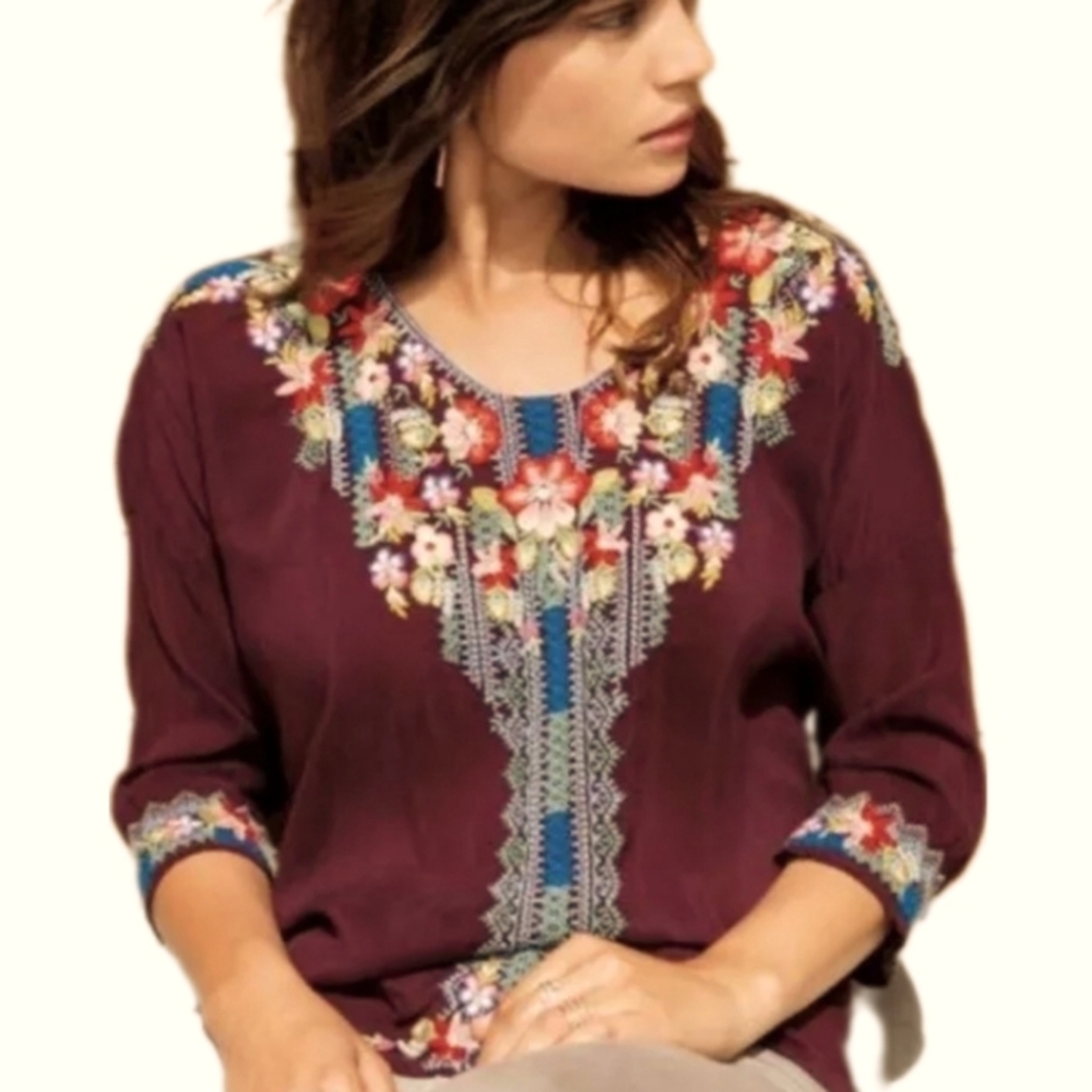 Johnny Was Rosa rayon deep plum floral embroidered 3/4 sleeve Boho tunic top S